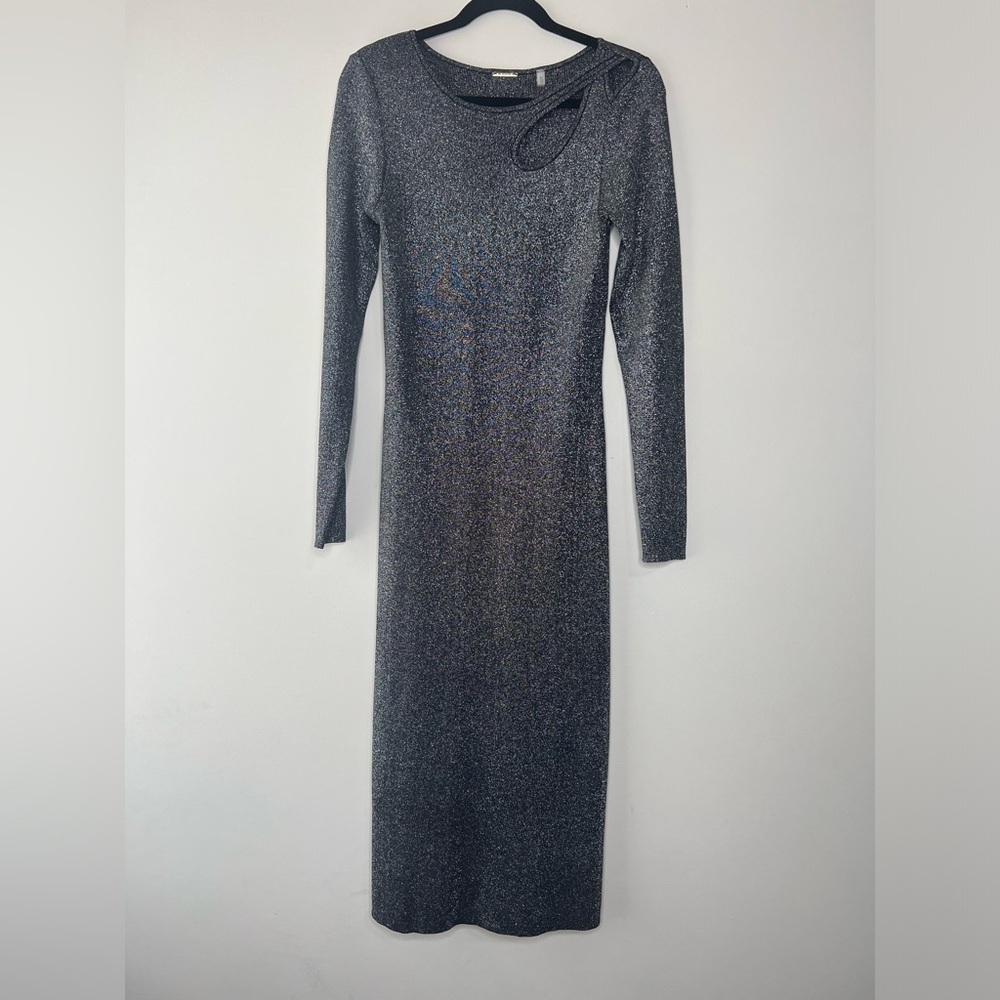 Elie Tahari Bodycon Metallic Silver Maxi Dress sz L Stretchy Fitted Long sleeve
